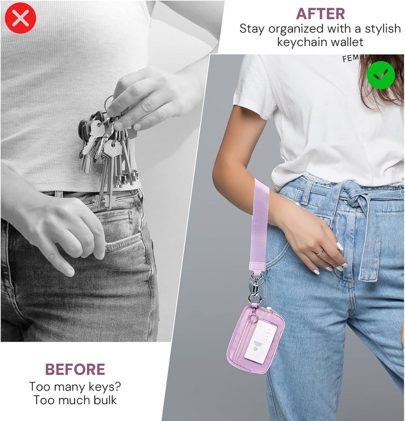 YDF Keychain Wallet for Women Mini Zip Card Holder with ID Window Coin Purse Detachable Wristlet Small Wallets Light Purple - Image 2
